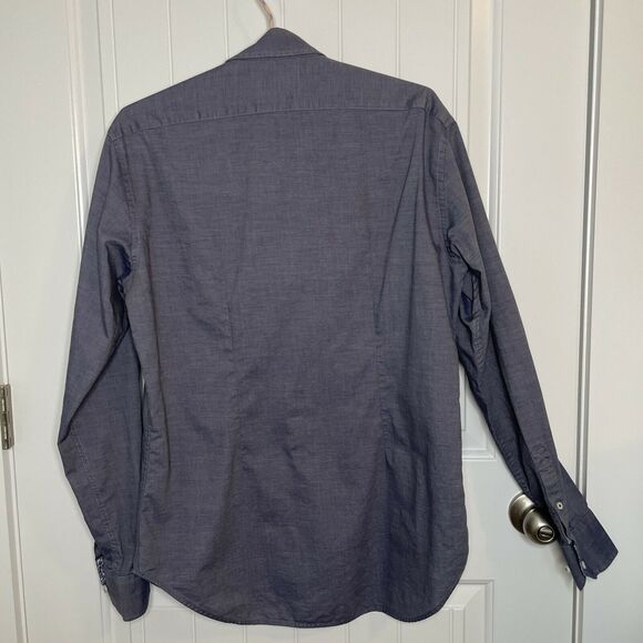 Zara Man Chambray Tailored Fit Paisley Flip Cuff Button Up Long Sleeve Med Blue - Picture 3 of 10